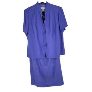 Jessica Howard Womens Size 20 Purple Linen Blend Embroidered Skirt Suit Tie Back